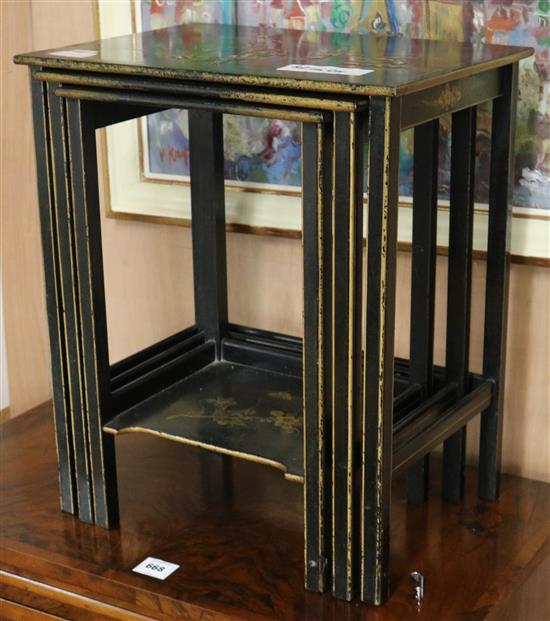 A 1930s nest of three black and gilt chinoiserie lacquered occasional tables, W.46cm